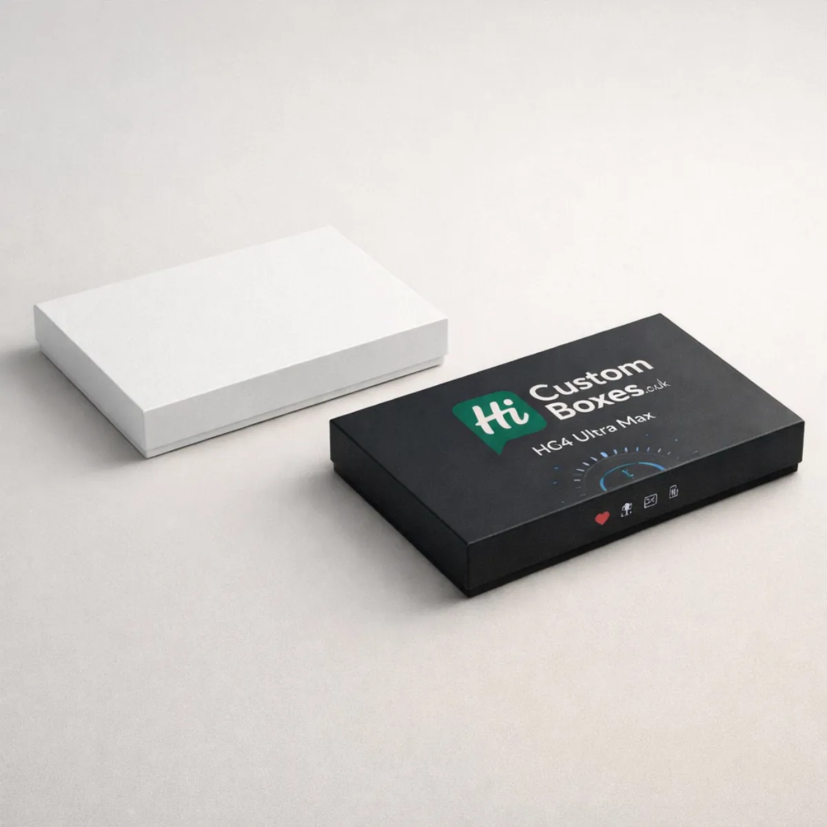 Two slim rectangular presentation boxes, one plain white and one black with 